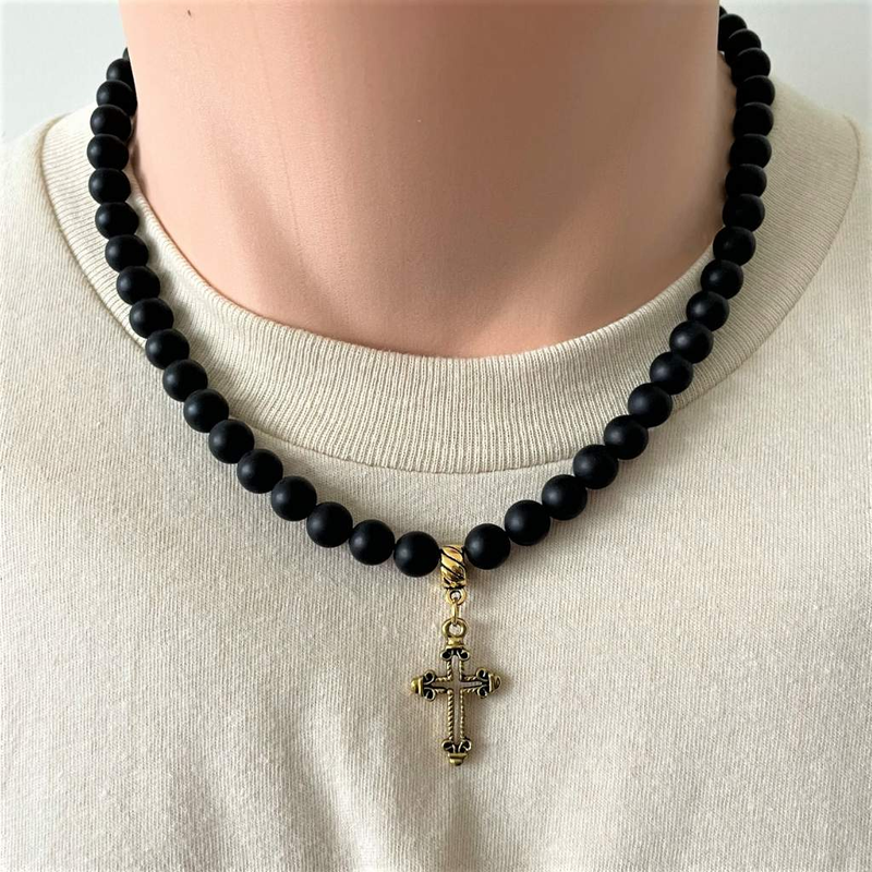 Matte Black Onyx Mens Beaded Necklace with Gold Cross-Beaded Necklaces,Black,Black Onyx,Cross,Gold,mens,Necklaces,Religious,Saint