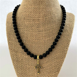 Matte Black Onyx Mens Beaded Necklace with Gold Cross-Beaded Necklaces,Black,Black Onyx,Cross,Gold,mens,Necklaces,Religious,Saint