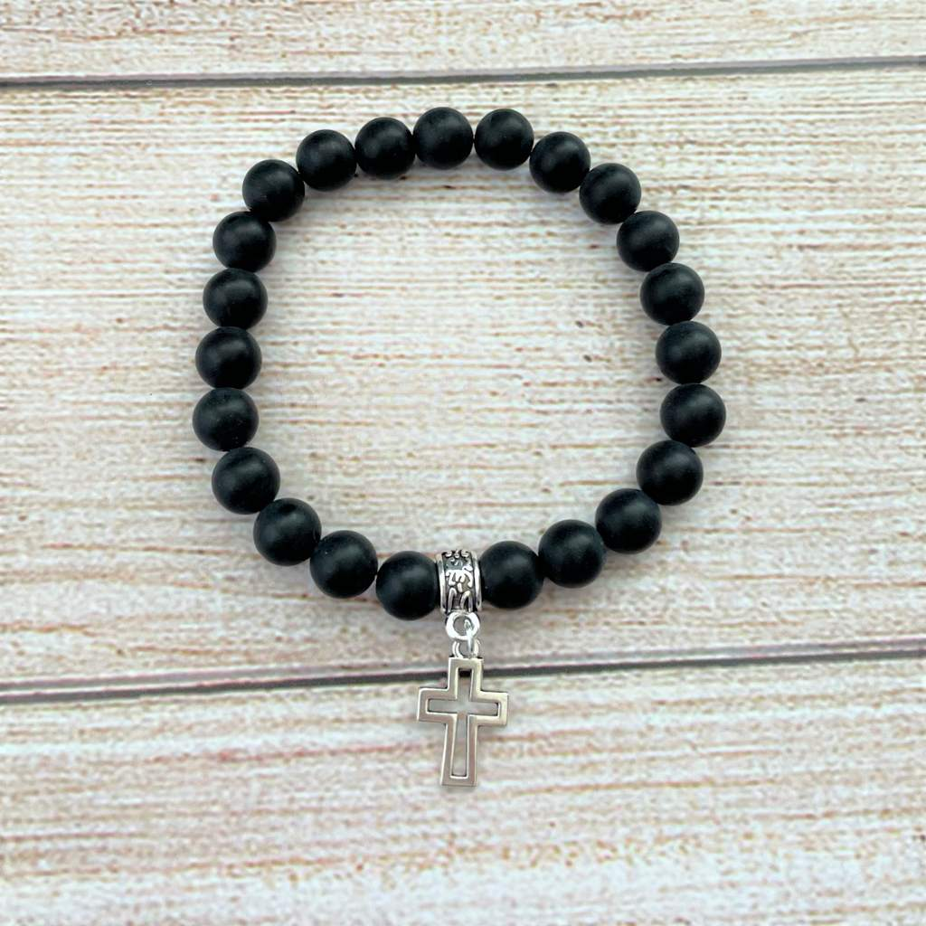 Matte Black Onyx and Silver Cut Out Cross Mens Beaded Bracelet-Beaded Bracelets,Black,Black Onyx,Cross,Matte,mens,Religious,Saint,Silver