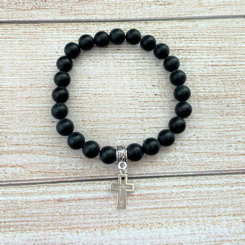 Men's 8mm Matte Black Onyx beaded stretch bracelet with a silver cut-out Cross accent bead.