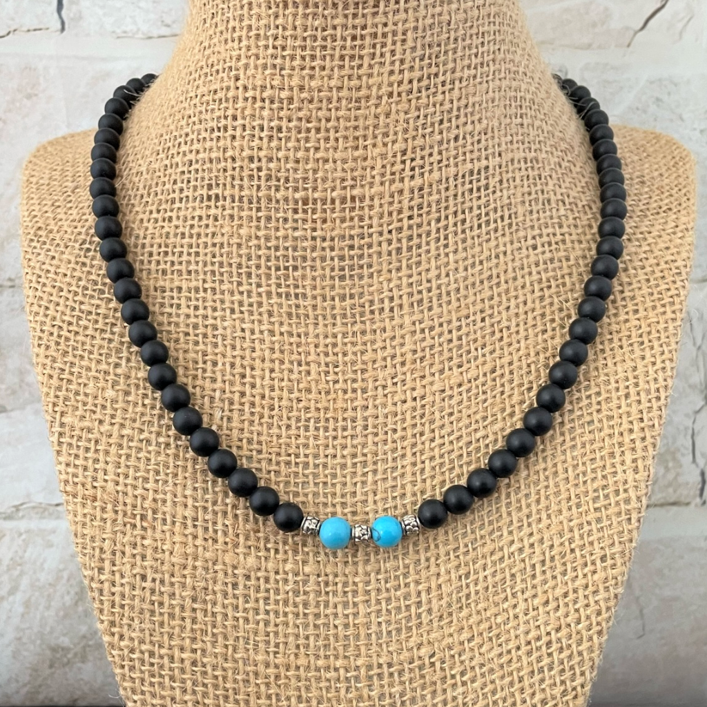 Matte Black Onyx and Turquoise Howlite Mens Beaded Necklace