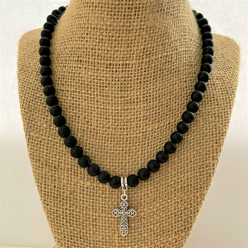 Matte Black Onyx Mens Beaded Necklace with Silver Cross-Black,Black Onyx,Cross,mens,Necklaces,Religious,Saint,Silver