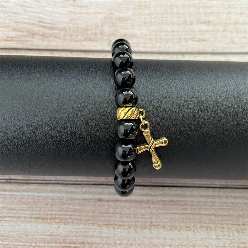 Black Onyx Mens Beaded Bracelet with Gold Cross Charm-Black,Black Onyx,bracelets,Cross,Gold,mens,Religious,Saint
