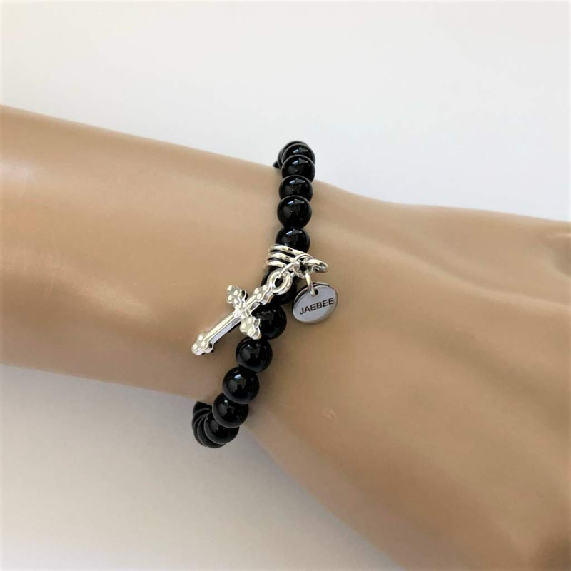 Black and Silver Cross Stack Bracelet Set-Agate,Black,Black Onyx,Cross,Religious,Silver,Stacked