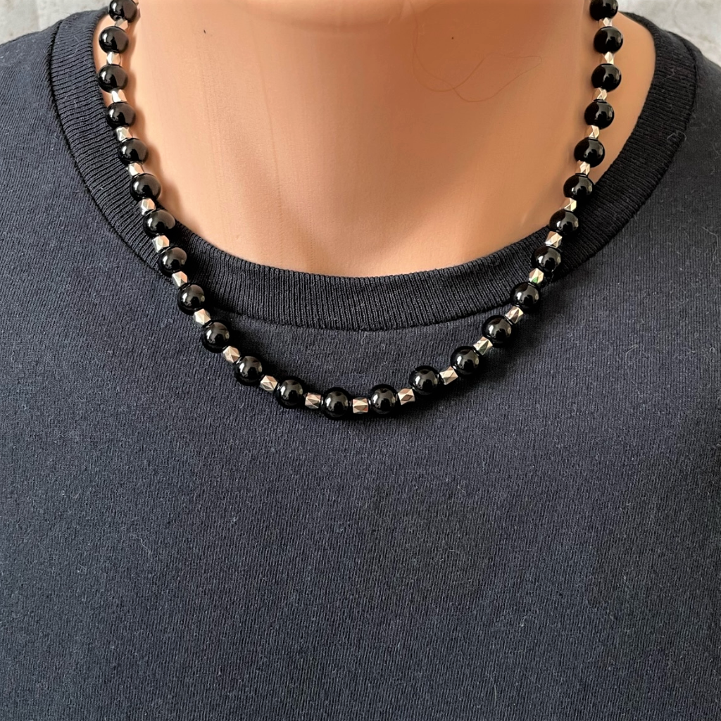 Mens Black Onyx and Silver Hexagon Beaded Necklace