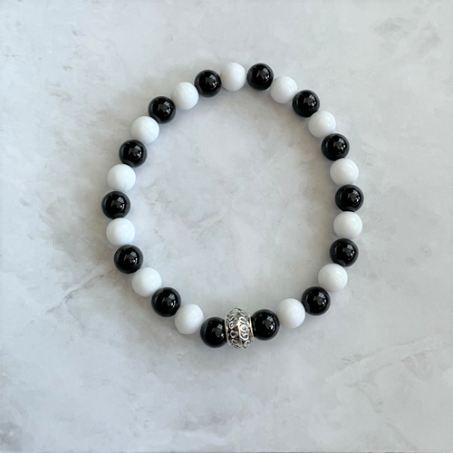 Black Onyx and White Czech Beaded Bracelet With Silver Accent Bead