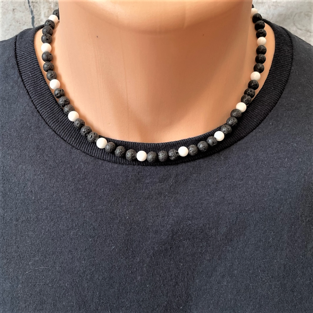 Mens Black Lava and White Shell Beaded Necklace
