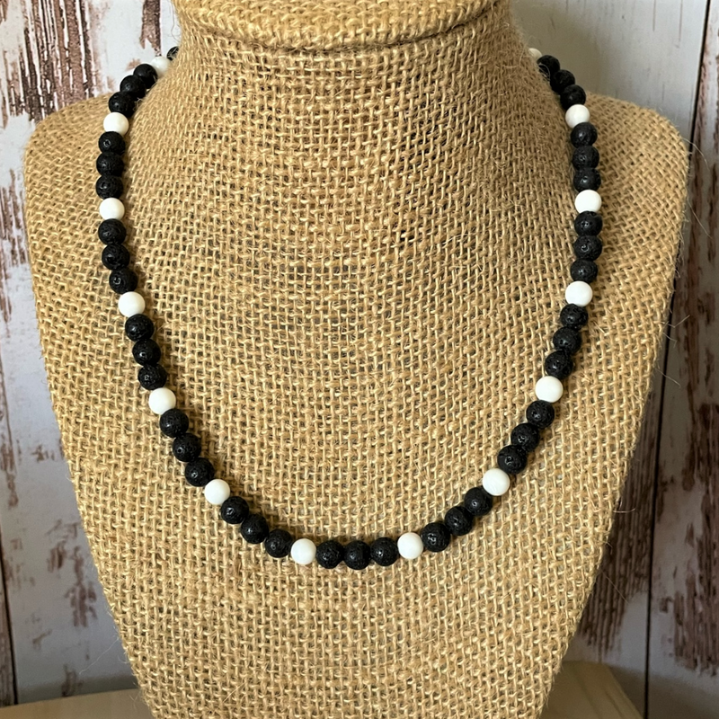 Mens Black Onyx and White Shell Beaded Necklace