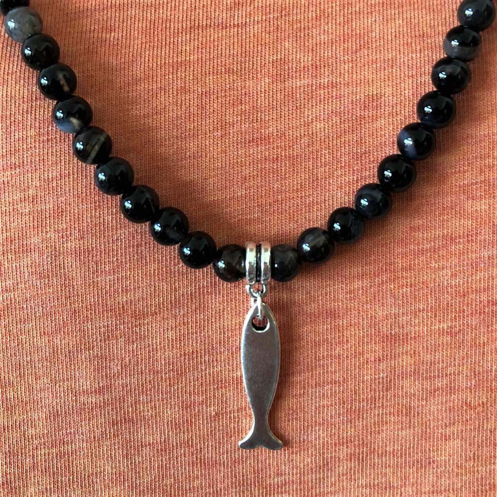 Black Sardonyx Mens Beaded Necklace With Silver Fish Charm-Beaded Necklaces,Black,mens