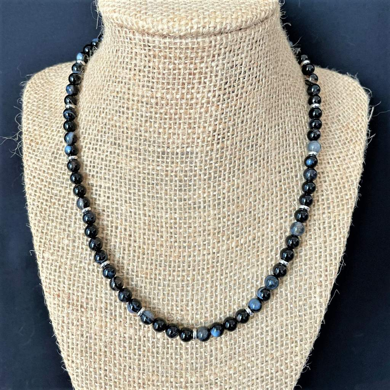 Mens 6mm Black Sardonyx and Silver Spacer Beaded Necklace