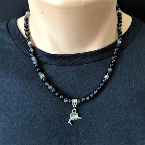 Black Sardonyx and Silver Swordfish Mens Beaded Necklace-Beaded Necklaces,Black,mens