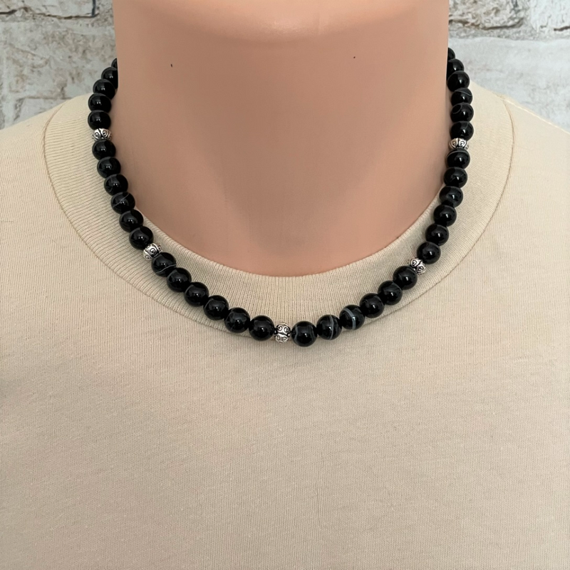 Black Sardonyx and Silver Mens Beaded Necklace 18" 20"