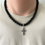 Matte Black Onyx Mens Beaded Necklace with Silver Cross-Black,Black Onyx,Cross,mens,Necklaces,Religious,Saint,Silver