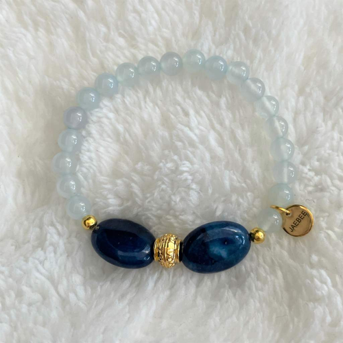 Blue Quartz and Blue Agate Beaded Bracelet with Gold Beads-Agate,Beaded Bracelets,Blue,bracelets