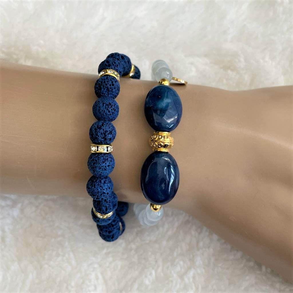 Blue Quartz and Blue Agate Beaded Bracelet with Gold Beads JaeBee