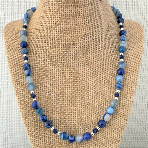 Mens Blue Agate and Blue Lava Beaded Necklace
