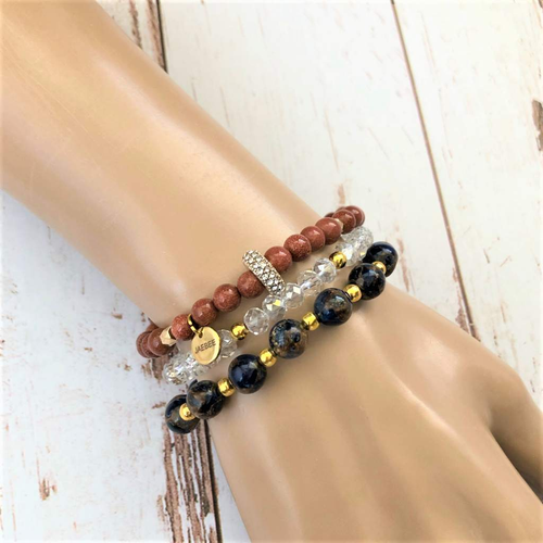 Goldstone and Gold Crystal Beaded Bracelet-Beaded Bracelets,bracelets,Brown,Gold