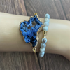 Blue and White Agate Beaded Bracelet with Gold Beads