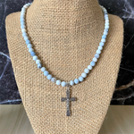 Blue and White Matte Agate and Silver Cross Mens Beaded Necklace