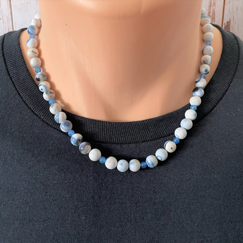 Blue Agate and Blue Onyx Mens Beaded Necklace