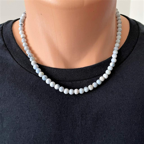 Matte Blue and White Agate Mens Beaded Necklace-Agate,Beaded Necklaces,Blue,mens,Necklaces