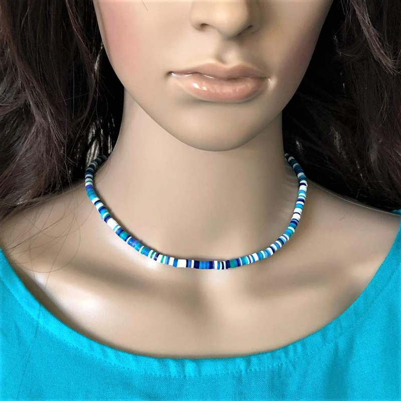 Blue and White Striped Polymer Necklace-Beaded Necklaces,Blue