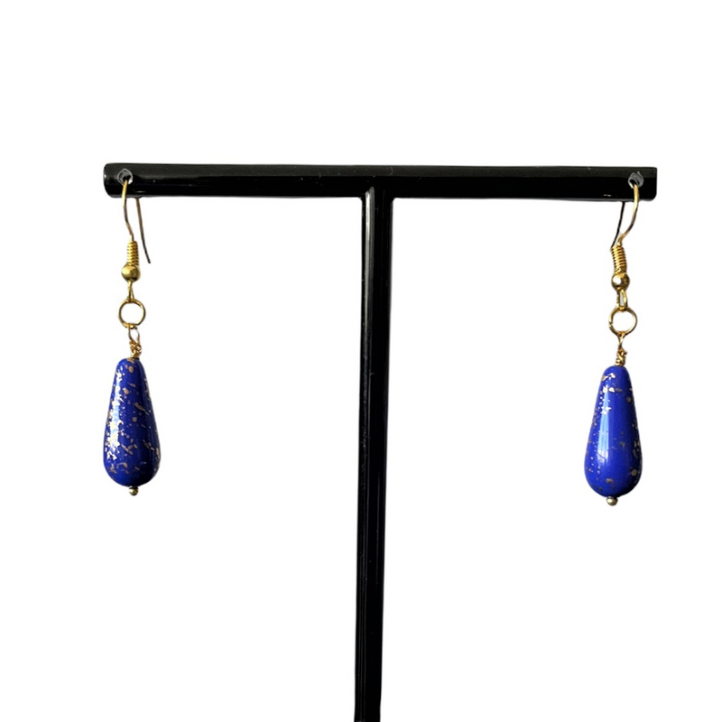 Cobalt Blue and Gold Czech Glass Teardrop Earrings.