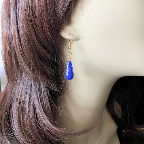 Cobalt Blue and Gold Czech Glass Teardrop Earrings