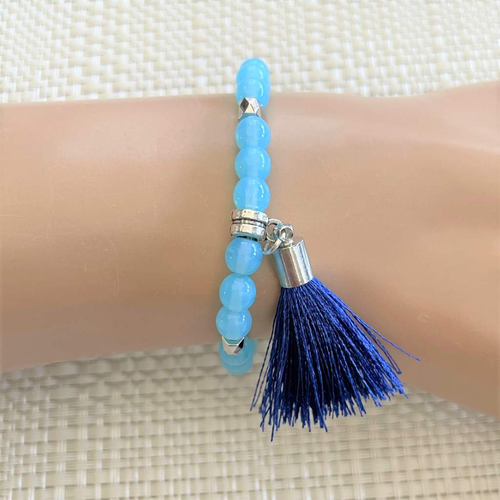Blue Czech Beaded Bracelet with Blue Tassel-Beaded Bracelets,Blue,bracelets,Stacked,Tassel