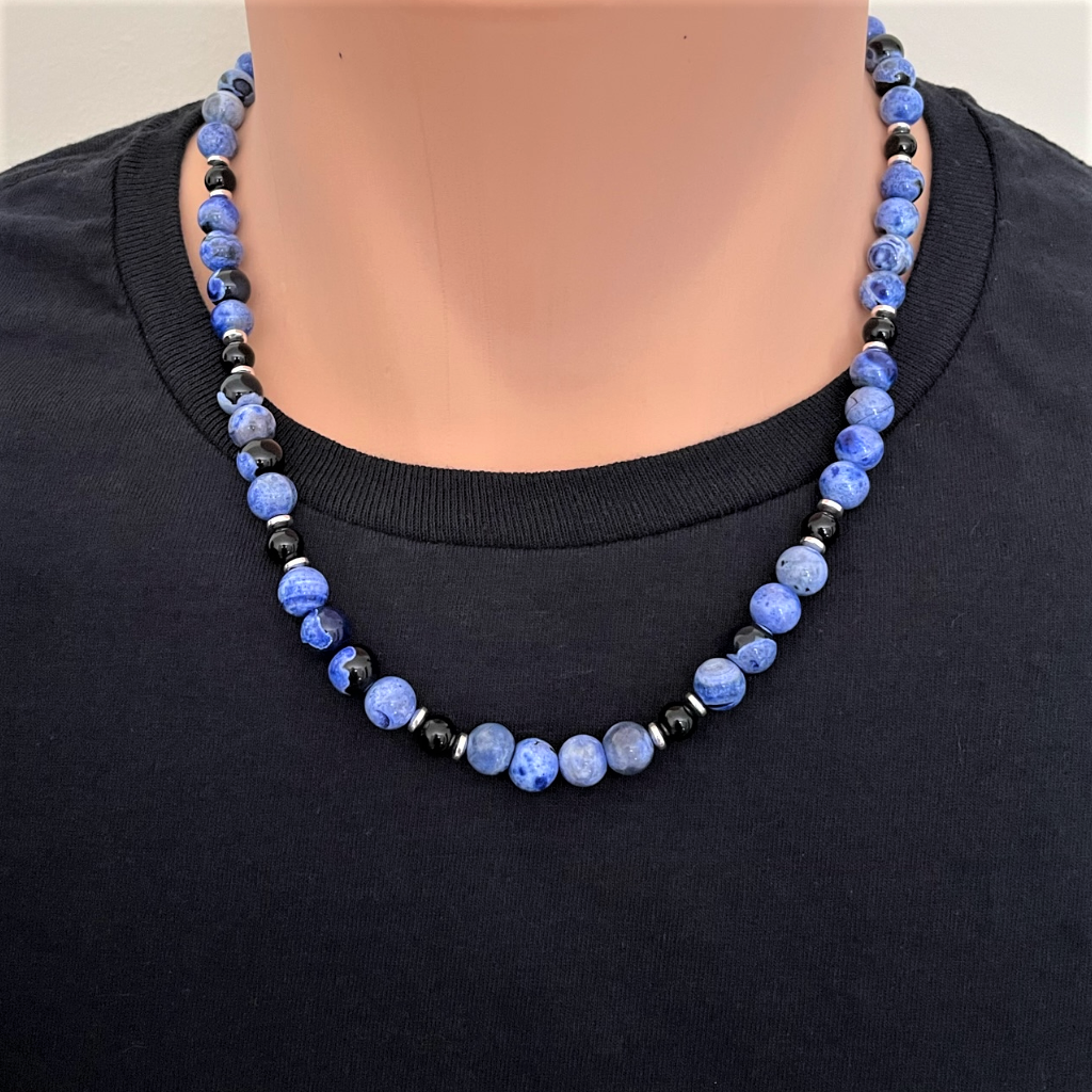 Mens Blue Fire Agate and Black Onyx Beaded Necklace