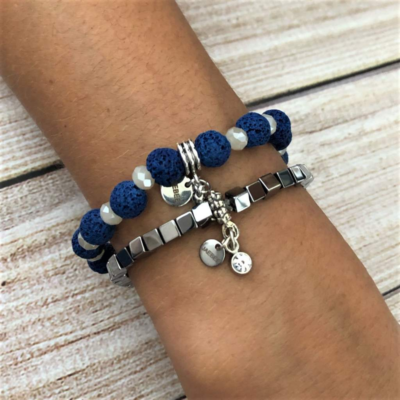 Blue Lava and Pearl Crystal Beaded Bracelet-Beaded Bracelets,Blue,Lava