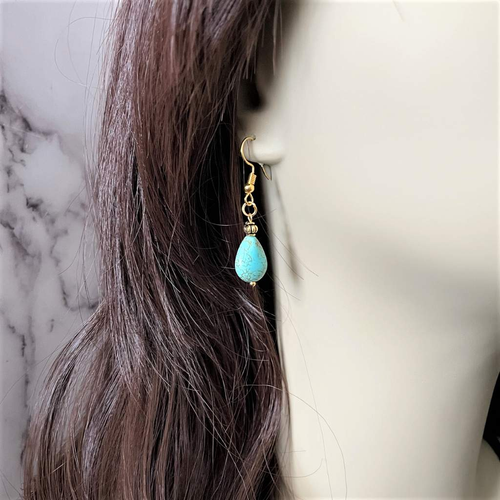 Turquoise Magnesite Teardrop Gold Earrings-Dangle Earrings,Earrings,Gold Earrings,Turquoise