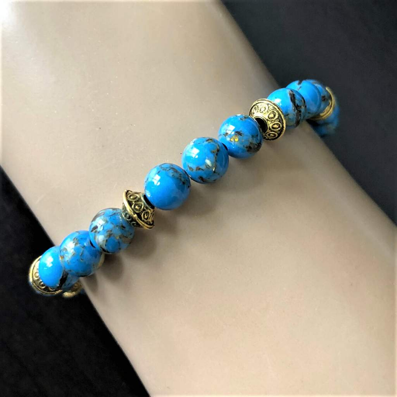 Mens Blue Mosaic Shell and Gold 6mm Beaded Stretch Bracelet.