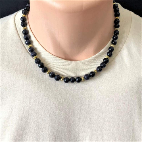 Mens Blue Sandstone Beaded Necklace-Beaded Necklaces,Blue,mens