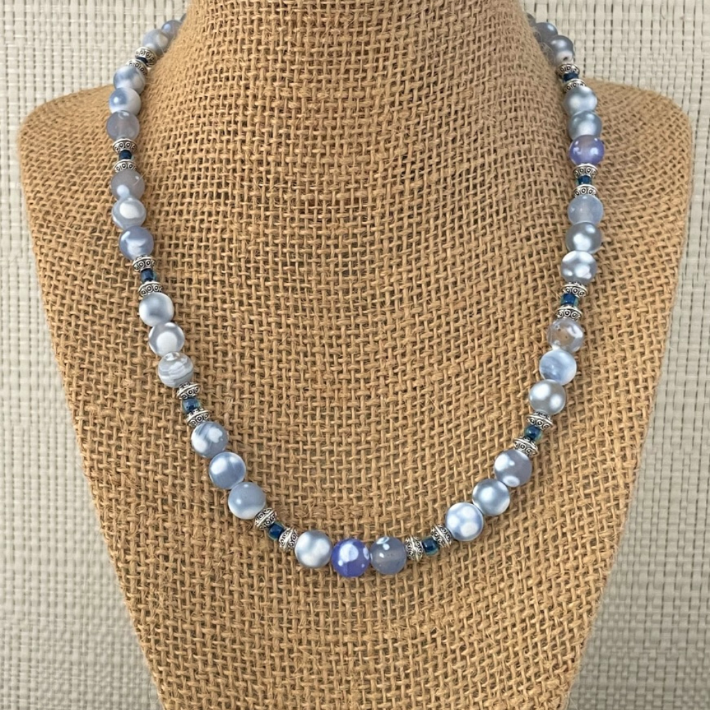 Blue and White Matte Agate and Blue Toho Beaded Necklace