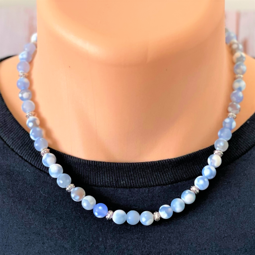 Blue and White Matte Agate and Silver Saucer Beaded Mens Necklace