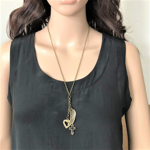 Antique Brass Boho Wing, Heart, and Cross Long Necklace-Gold Necklaces,Long Necklaces