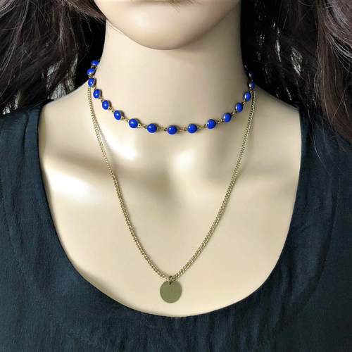 Bronze Layered Beaded Disc Necklace-Blue,Layered Necklaces