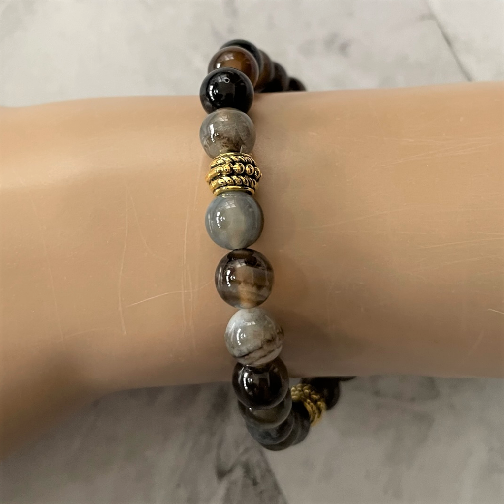 Brown Agate and Gold Beaded Mens Bracelet