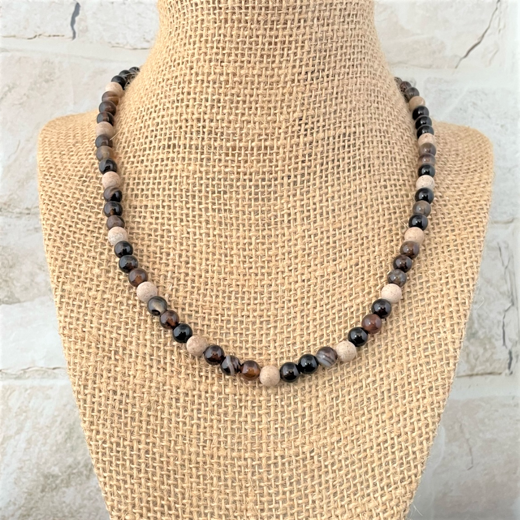 Brown and Beige Agate Beaded Mens Necklace