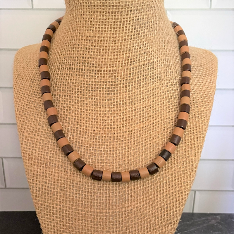 Mens Brown and Beige Wood Cylinder Beaded Necklace