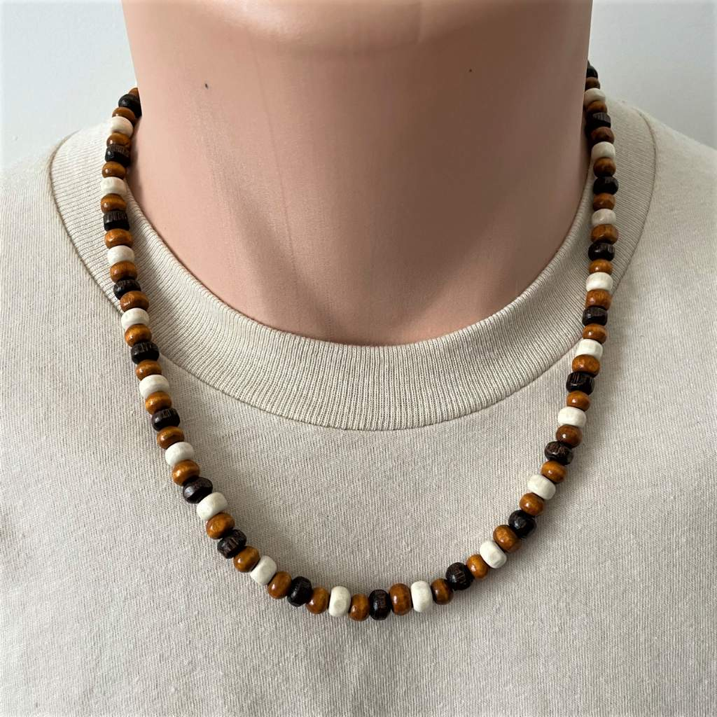 Mens Brown and White 6mm Wood Necklace-Brown,mens,Necklaces,White,Wood