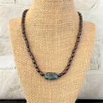 Mens Brown Wood Barrel and Turquoise Stone Beaded Necklace