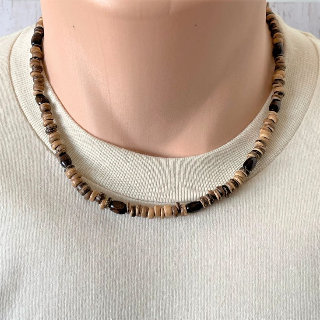 Mens Brown Coconut Shell Heishi and Wood Beaded Necklace