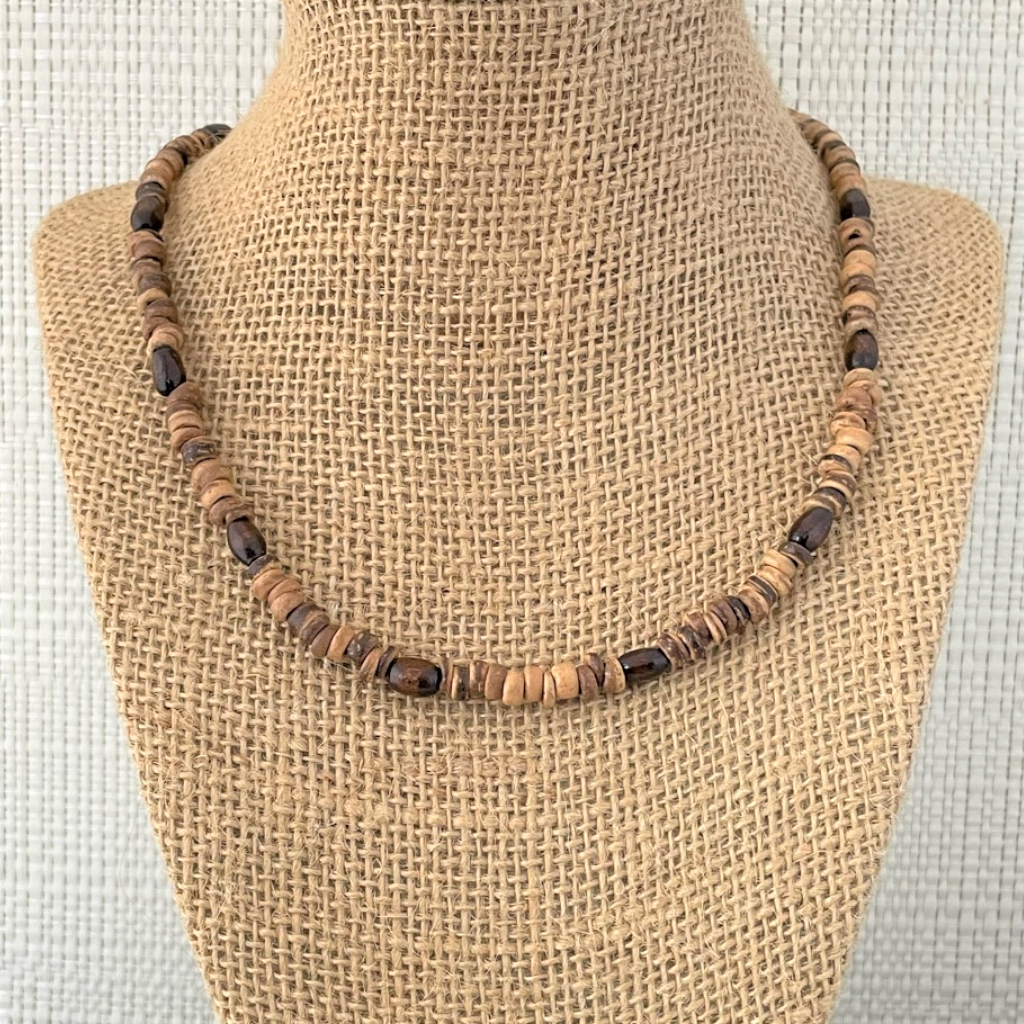 Mens Wood Bead Necklace Surfer Necklace Beaded Wood Choker 