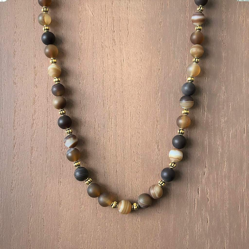 Brown Line Matte Agate Mens Beaded Necklace-Beaded Necklaces,Brown,Mens