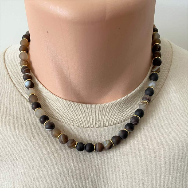 Brown Matte Agate and Gold Ring Mens Beaded Necklace-Agate,Beaded Necklaces,Brown,mens,Necklaces