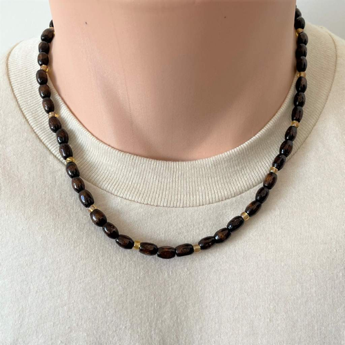 Brown Wood Barrel Beaded Mens Necklace-Brown,mens,Necklaces,Wood