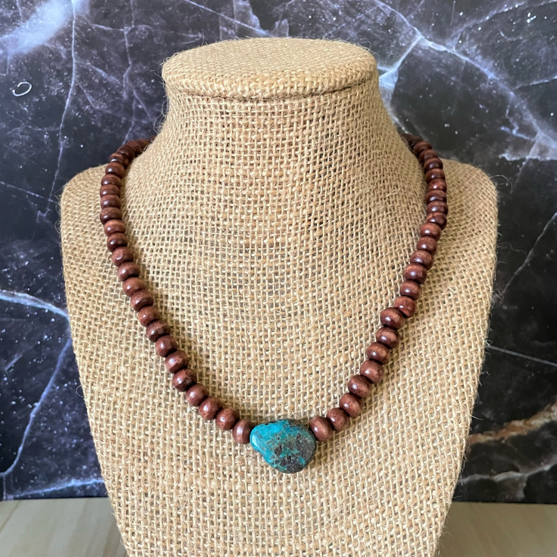 Brown Wood and Turquoise Stone Beaded Mens Necklace 18", 20"
