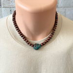 Brown Wood and Turquoise Stone Beaded Mens Necklace